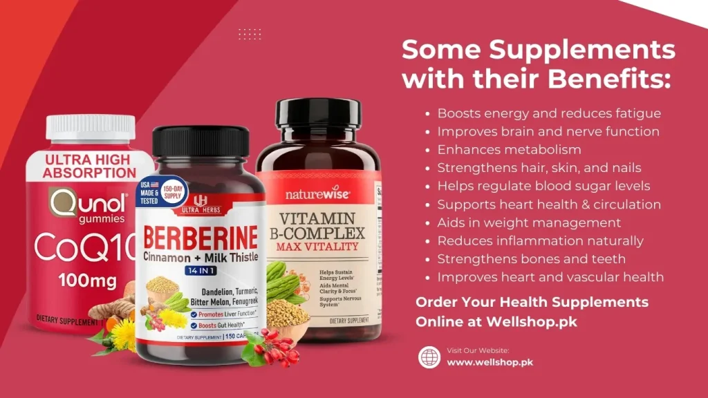 Different supplements displayed along with their health benefits