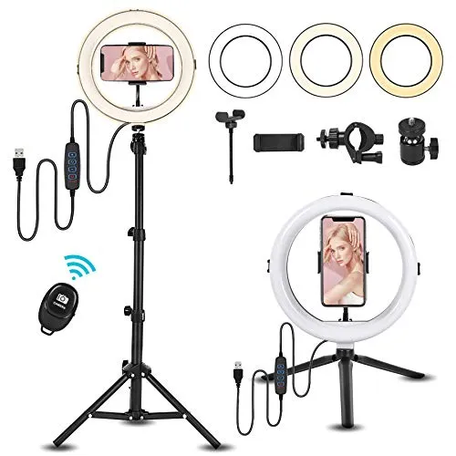 10'' Selfie Ring Light with Flexible Phone Holder & 39.1'' Extendable Tripod Stand for Live Stream Makeup YouTube Video TikTok, Compatible with iPhone Android