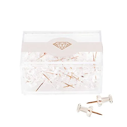 100 Counts Push Pins Rose Gold Thumb Tacks Transparent Plastic Head Pushpins Standard Marking Pins for Bulletin Board, Cork Board, Travel Map and More Decorative Push Pins