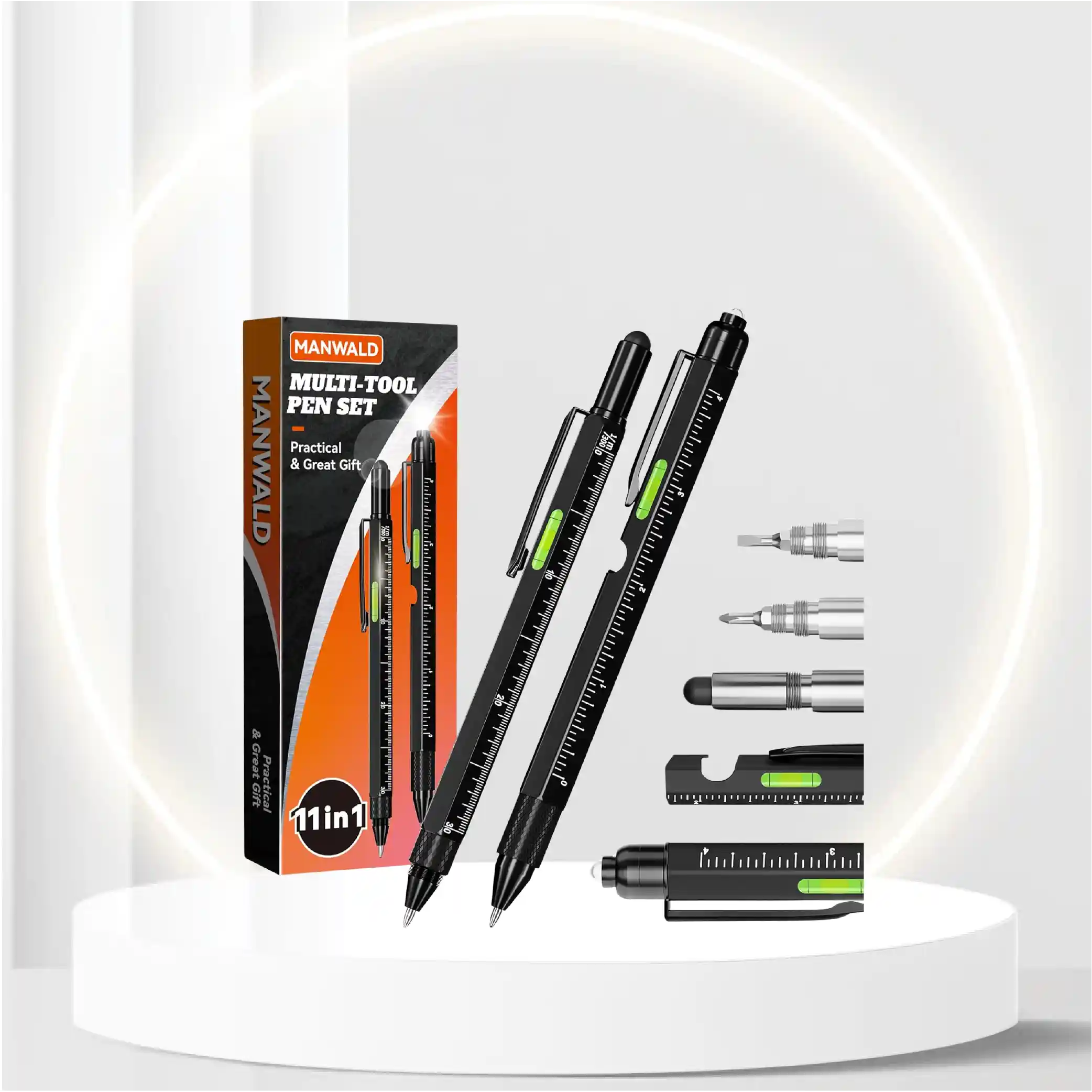 11-in-1 Multitool Pen Set with LED Light, Flathead & Phillips Screwdrivers, Level, Ruler, Bottle Opener, and Stylus, Stocking Stuffers for Men Gifts for Christmas, Gifts for Men, Husband, Dad, Black