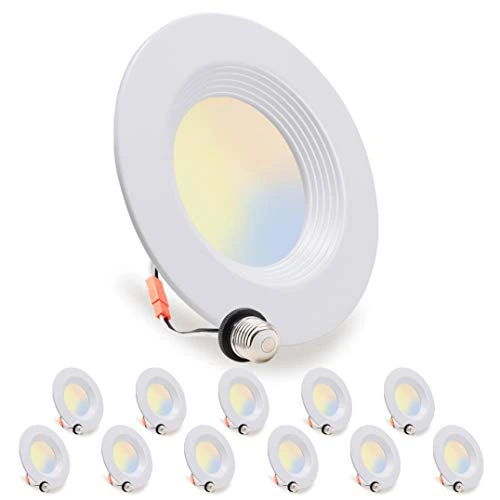 12 Pack, LED Recessed Lighting 5/6 inch Downlight, 10.5W=85W, Dimmable, Damp Rated, 5 Color Changing(Warm to Daylight), E26 Base, Simple Retrofit Installation, Energy Star & ETL Listed