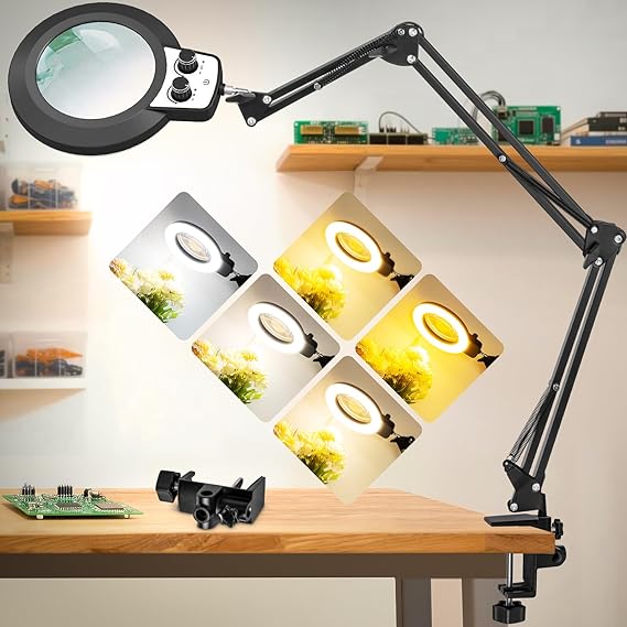 12X Magnifying Glass with Light, Ultra Long 3 Section Swing Arm Magnifier with Stand Large Clamp Overhead Knob for Workbench Craft Repair, Hands Free Desk Lamp Real Glass Stepless Dimming Colors