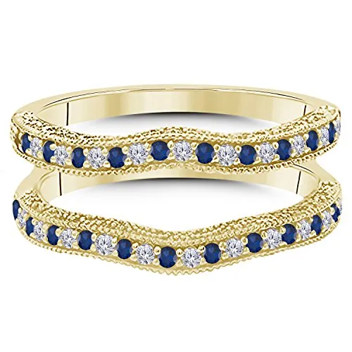 14K Gold Plated Alloy 0.50ct Created Blue Sapphire & Simulated Diamond Ring Solitaire Enhancer Guard Wrap For Women's