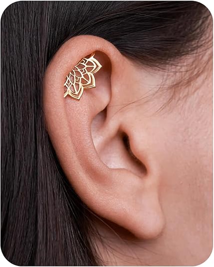 18G/16G Titanium Flat Back Boho Helix Earring, Geometric Mandala Lotus Flower Hidden Helix Piercing Cartilage Tragus Earrings for Women Bohemian Spiritual Jewelry