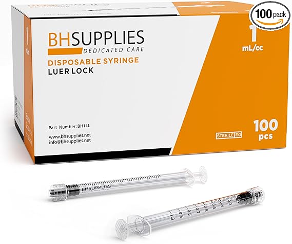 1ml Syringe Sterile with Luer Lock Tip, BH SUPPLIES - (No Needle) Individually Sealed - 100 Syringes