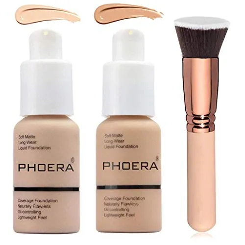 2 Colors Liquid Phoera Foundation Natural Flawless Full Coverage Foundation Makeup with Foundation Brush, Matte Oil Control Facial Blemish Concealer Color Changing Foundation for Women Girls(102&104)