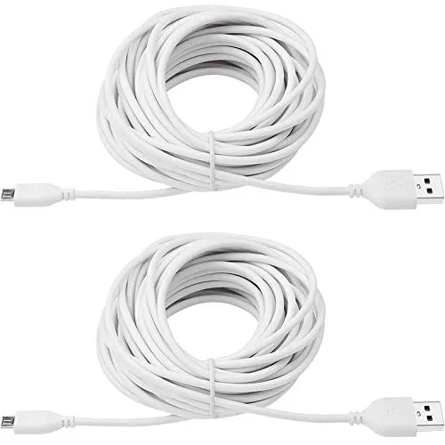 2-Pack 25ft USB to Micro USB Extension Power Cable Compatible for Wyze Cam, Oculus Go, Blink Mini, Yi Home Camera, Kasa Cam Security Camera, White