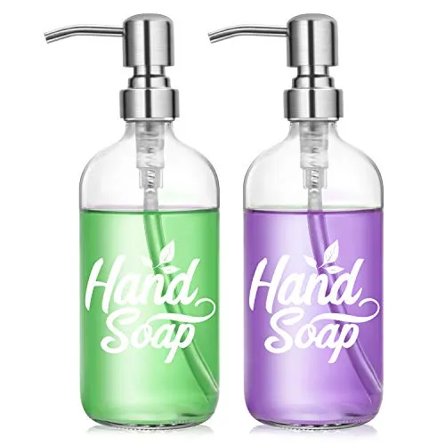 2 Pack Glass Soap Dispensers - Hand Soap Dispenser for Kitchen, Bathroom - High Temperature Ceramic Ink Printing Never Falling Off - 16oz Glass Bottles with 304 Stainless Steel Pumps & Wooden Tags