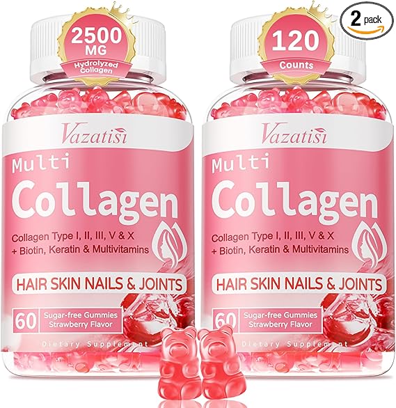 2 Pack Sugar Free Collagen Gummies for Women & Men | Hydrolyzed Collagen Peptides for Hair Skin & Nails | MultiCollagen Protein Type I II III V X with Biotin & Vitamin C | Strawberry Flavor, 120 Count