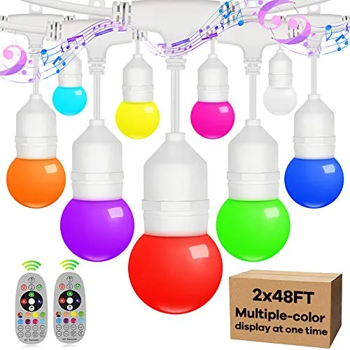 2 Packs 48FT LED Outdoor String Lights, Sync to Music, Multi-Color Dimmable Patio Lights with Remote Control, Waterproof Shatterproof Commercial Hanging Lights for Cafe Bistro Pergola, 96FT Totally