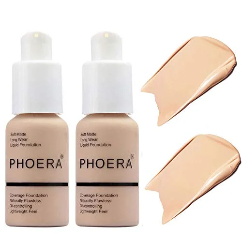 2 Pcs PHOERA Soft Matte Full Coverage Liquid Foundation Brighten Highlighting Matte Oil Control Concealer Facial Blemish Concealer Color Changing Foundation for Women Girls, 2 Pack Nude #102