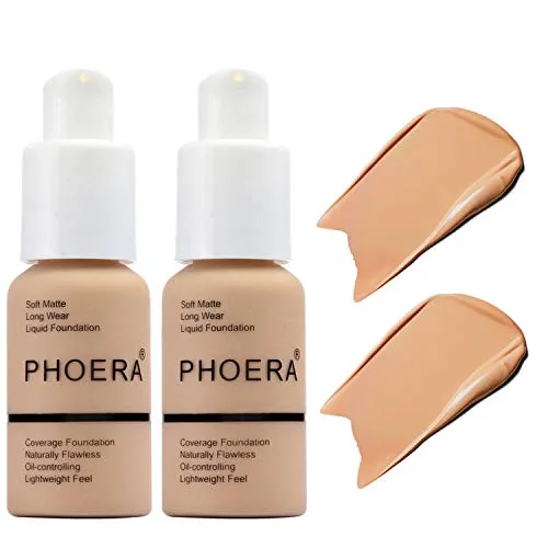 2 Pcs PHOERA Soft Matte Full Coverage Liquid Foundation Brighten Highlighting Matte Oil Control Concealer Facial Blemish Concealer Color Changing Foundation for Women Girls, 2 Pack Buff Beige #104