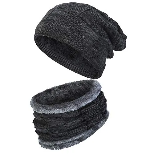 2 Pieces Winter Beanie Hat Scarf Set Thick Warm Fashion Knit Skull Cap Fleece Lined Scarves Gifts for Men Women,Y-Black