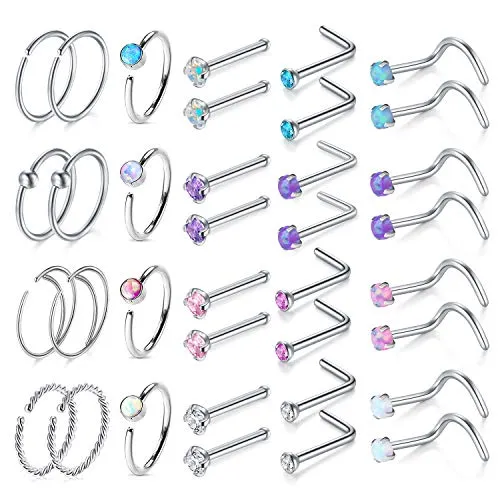 20G Nose Ring Hoop Surgical Steel Nose Studs Screw L-Shaped Nostril Hoops Piercing Jewelry Set for Women Men Girls Nose Rings