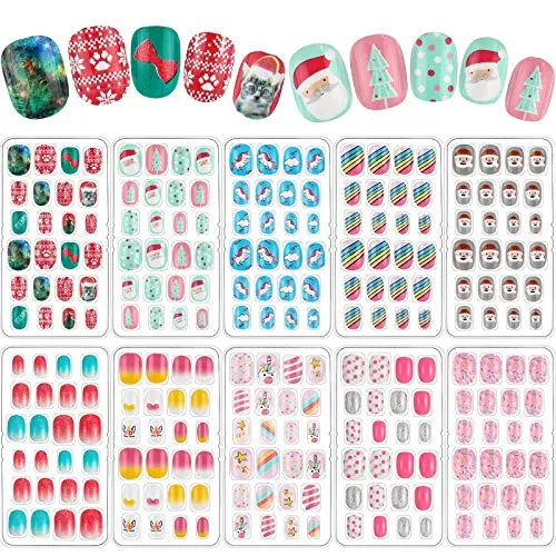 240 Pieces Children False Nails Kids Girls Press on Short Artificial Fake Nails Cute Pre Glue Full Cover Acrylic Nail Tip Kit for Children Little Girls Nail Art Decoration, 10 Boxes (Christmas)