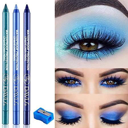 3 Colors Matte Eyeliner Pen Set With Pencil Sharpener,Blue - Dark Blue Sky Blue Light Blue , Colored Colorful Eyeliner Pencil Set, Pearl Metallic Glitter Eyeliner Pencil Kit Eye Liners for Women Waterproof Professional Eye Makeup Eyeliner Eye Color S