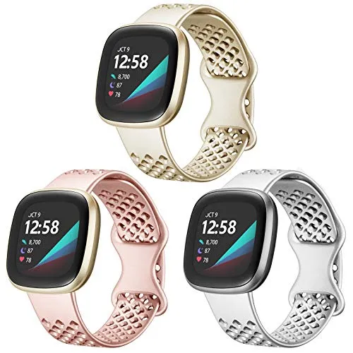3 Pack Band Compatible with Fitbit Sense Bands, Waterproof Sport Silicone Fitbit Versa 3 Bands for Women Men with Breathable Holes for Fitbit Versa 3/Sense Smart Watch, Silver Rosegold Champagne Small