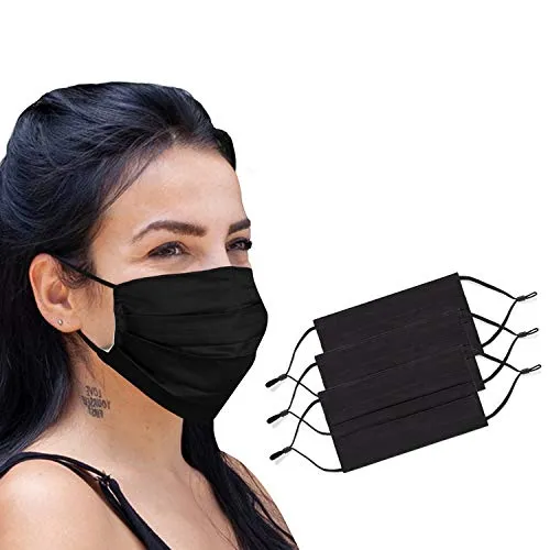 3 Pack Unisex Reusable Washable Cloth Face Mask,2 Layer Cotton Pleated Fabric Face Mask with Adjustable Elastic Ear Loops,Nose Wire,Women Men Kids Masks with Filter Pocket- Black