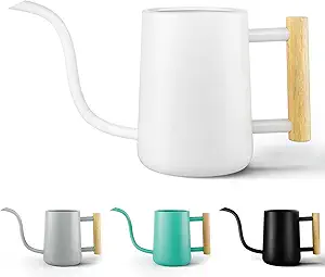 35 oz Metal Small Indoor Watering Can with Long Spout & Real Wood Handle for House Plants, Succulents, Cacti & Seedlings - White Long Spout Watering Can Indoor Plants - Stylish, Gentle Flow, No Spills
