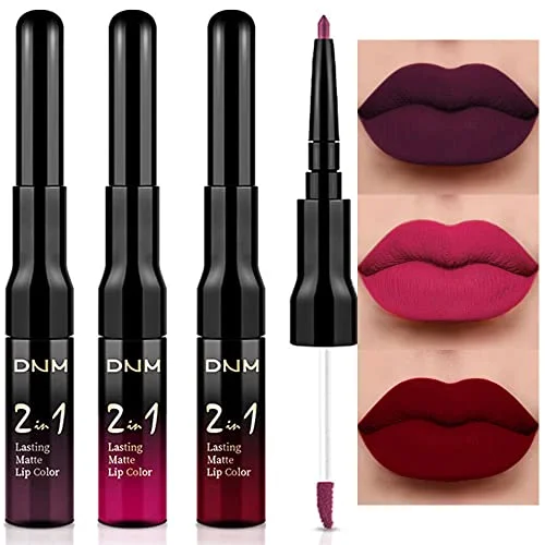 3Pcs Black Red Matte Lip Liner Pencil and Liquid Lipstick Sets for Women Long Lasting Lipstick 24 Hour Waterproof Dark red Purple Rose pink Lip Stick/Gloss Set Packs labiales mate 24 horas originales
