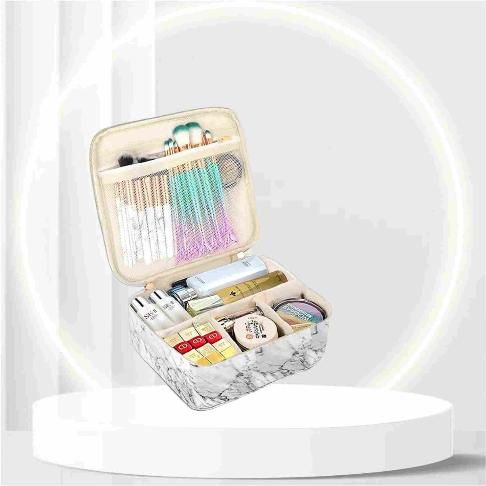 3Pcs Makeup Bags for Women, Travel Makeup Bag, Large Cosmetic Bag, Marble Makeup Bag with 10 Pcs Brushes, Makeup Case Organizer with Adjustable Dividers