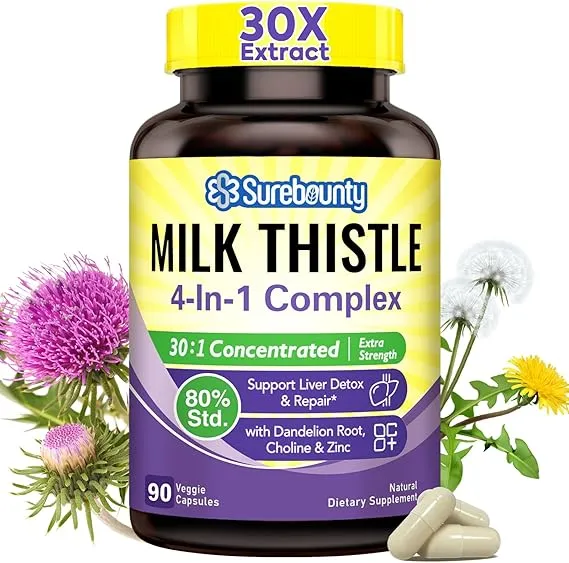 4-in-1 Milk Thistle Complex, 9000 mg Strength, 30X Concentrated Seed Extract, with Dandelion, Choline, Zinc, Fatty Liver Supplements, Liver Support, Non-GMO, 90 Veggie Caps, 3 Month Supply