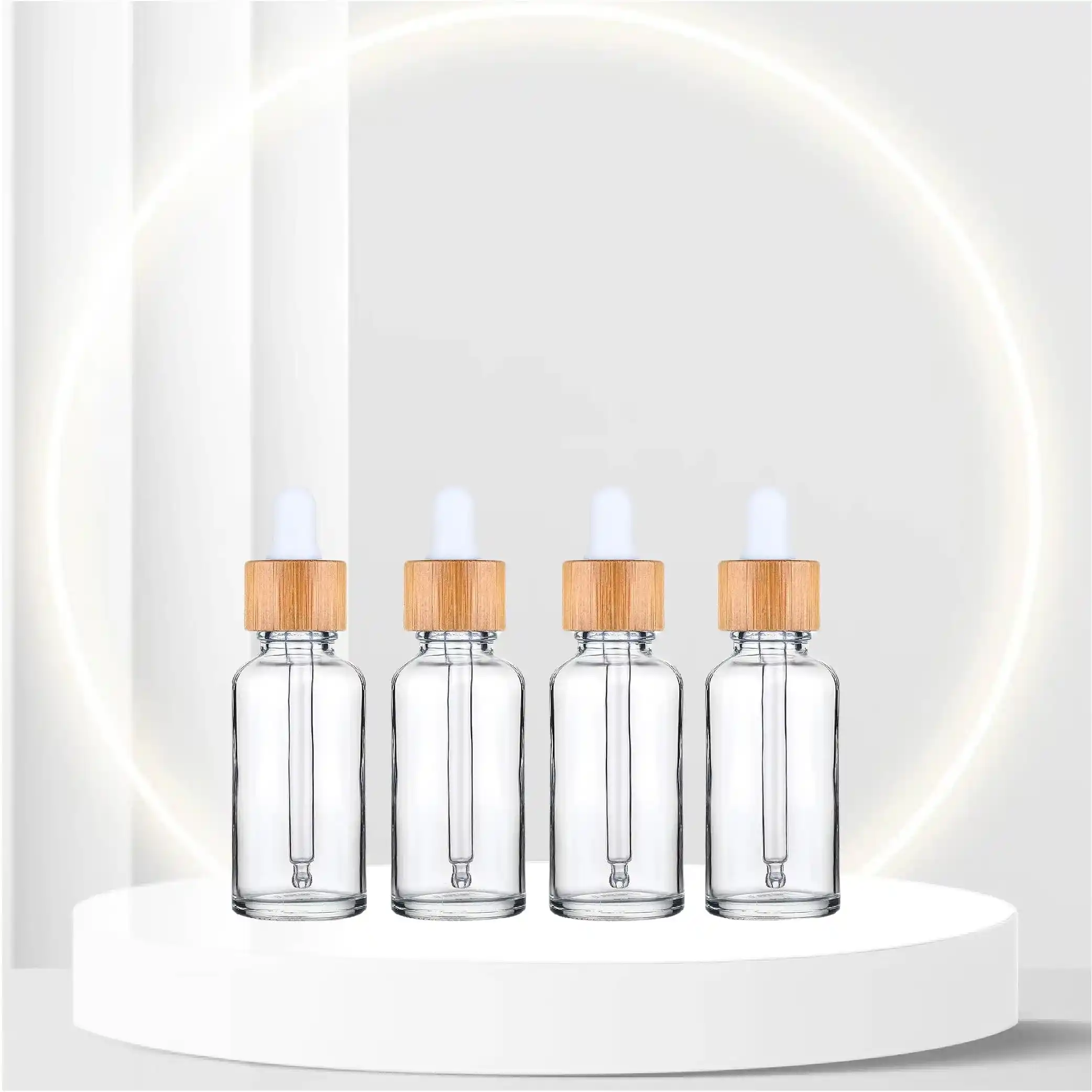 4 Pack,Clear Glass Dropper Bottle for Essential Oils,Empty Liquid Perfume Bottles With Pure Glass Pipettes,Bamboo Lid Cosmetic Travel Sample Container Vials-Pipette&Funnel included (30ml/1 Ounce)