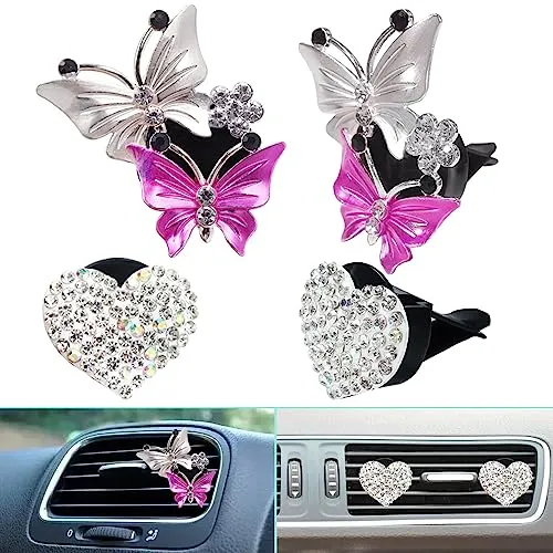 4 Pieces Car Vent Clips findTop Female Bling Car Accessories Cute Car Decorative, Well Made Rhinestone Car Accessories for Women(2 Bling Heart, 2 Butterfly)