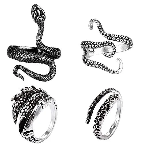 4 Pieces Vintage Punk Rings Octopus Dragon Snake Adjustable Ring