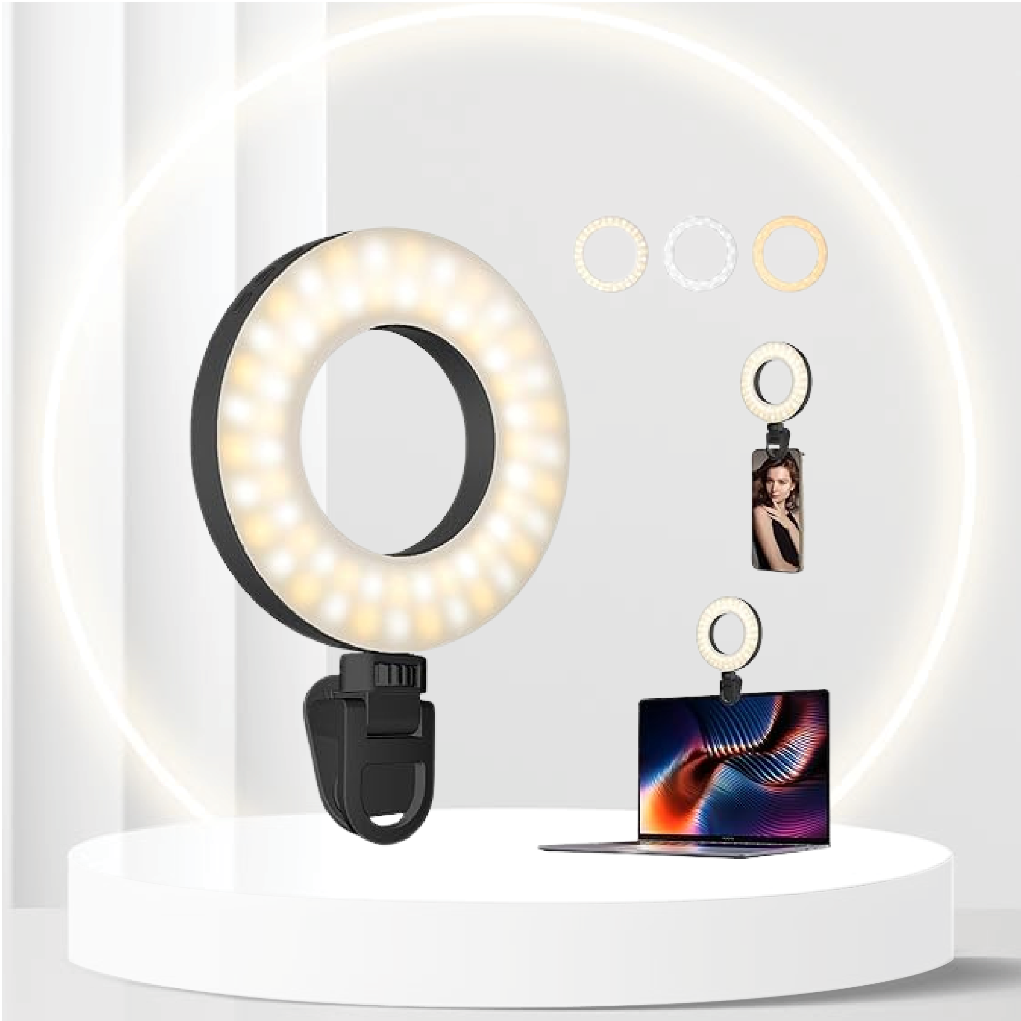 4.5'' Clip on Ring Light for Laptop, Portable Rechargeable Selfie Ring Light 4 Brightness Level and 3 Models, Max 8 Hours Runtime, Ring Light for Laptop, YouTube, Video Conference, Live Streaming