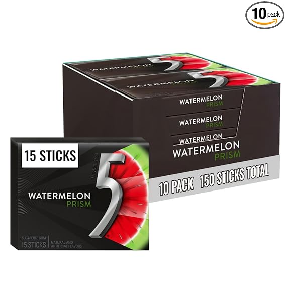 5 GUM Watermelon Prism Sugar Free Chewing Gum Bulk, 15 Stick Box (10 Pack)