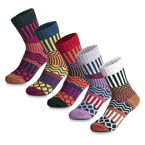 5Pack Womens Vintage Winter Soft Warm Thick Cold Knit Wool Crew Socks, Multicolor, Free Size