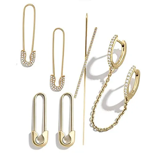 6 Pcs Delicate Crystal Safety Pin Hoop Earrings Set Punk Circle Chain Drop Metal Wire Threaderc Piercing Ear Cuff Earrings Dainty Women Jewelry-4 PCS X Wire