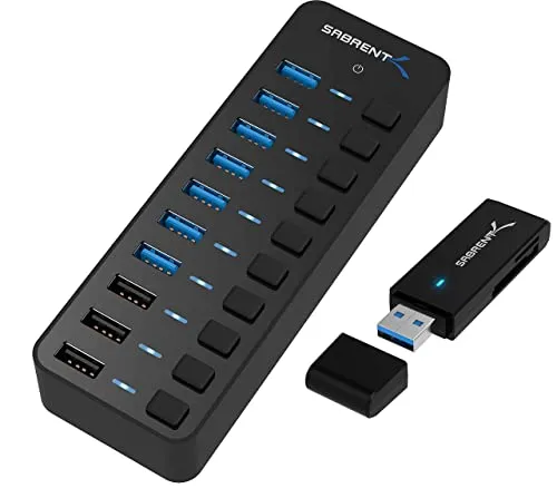 60W 10 Port USB 3.0 Hub Includes 3 Smart Charging Ports with Individual Power Switches and LEDs and 60W 12V/5A Power Adapter+USB 3.0 Micro SD and SD Card Reader