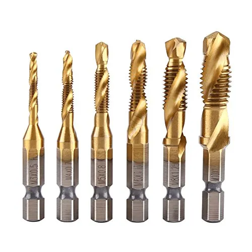 6pcs Tap Drill Bit Set, HSS M3-M10 Titanium Coated Combination 1/4