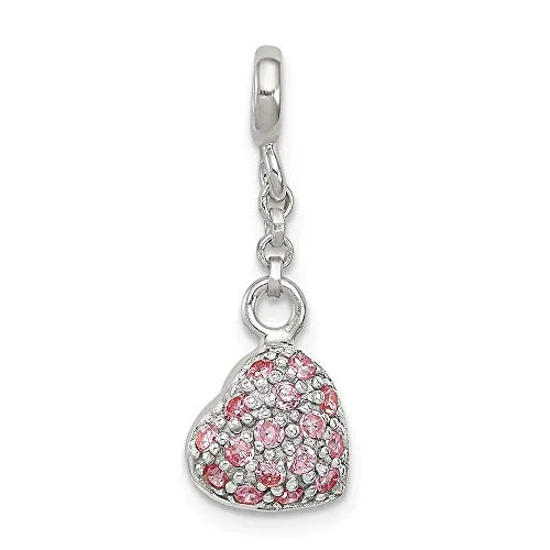 925 Sterling Silver Pink Cubic Zirconia Cz Heart 1/2in Dangle Enhancer Necklace Pendant Charm Love Puffed Fine Jewelry For Women Gifts For Her