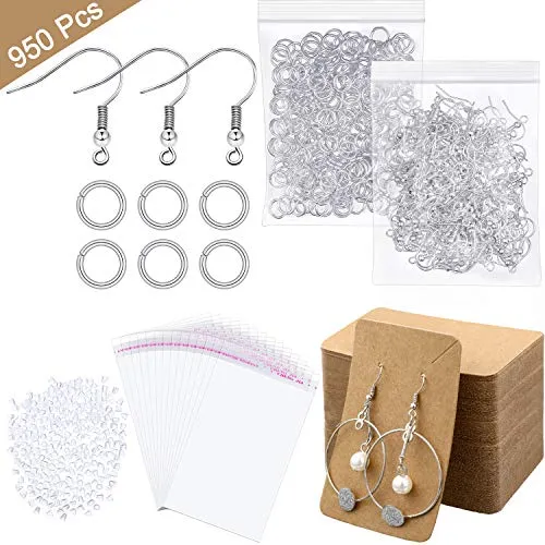 950 Pieces Earring Making Supplies Kit, Hypoallergenic Earring Fish Hooks, Jump Rings, Clear Earring Backs, Earring Display Cards and Self-Adhesive Bags for DIY Jewelry Accessory Display