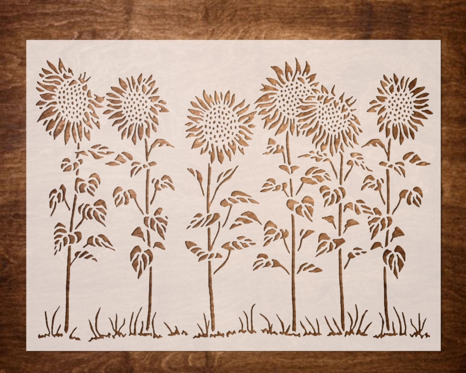 A Row of SUNFLOWERS Stencil for Painting on Wood, Canvas, Furniture, DIY Sneakers, and more - Reusable
