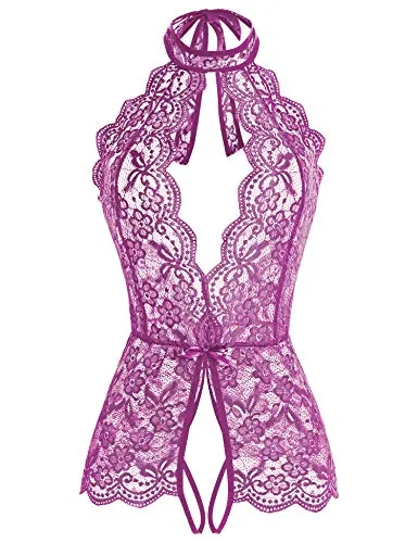 Ababoon Women Plus Size Lace Bodysuit Halter Teddy Lingerie One Piece Babydoll Sleepwear XXXL Purple