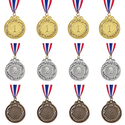 Abaokai 12 Pieces Gold Silver Bronze Award Medal Set -Metal Olympic Style for Competitions, Sports, Spelling Bees, Party Favors, 2 Inches