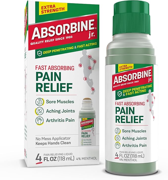Absorbine Jr. Maximum-Strength Pain-Relieving Liquid - 4% Menthol Topical Relief for Muscle, Joint, Arthritis, & Nerve Pain - Fast-Acting Herbal Formula with No-Mess Applicator - 4 fl oz (Pack of 1)