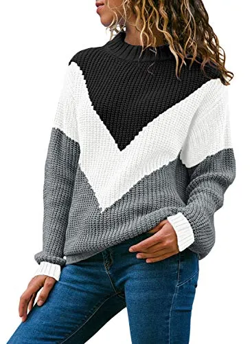 Acelitt Womens Knit Sweater Pullover Jumper Contrast Color Block Long Sleeve Crewneck X-Large