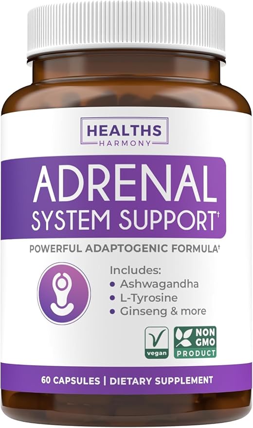 Adrenal System Support & Cortisol Manager (2 Month Supply) Powerful Ashwagandha & L-Tyrosine Fatigue Supplement - Maintain Balanced Cortisol Levels, Health, & Stress Relief - Non-GMO - 60 Capsules