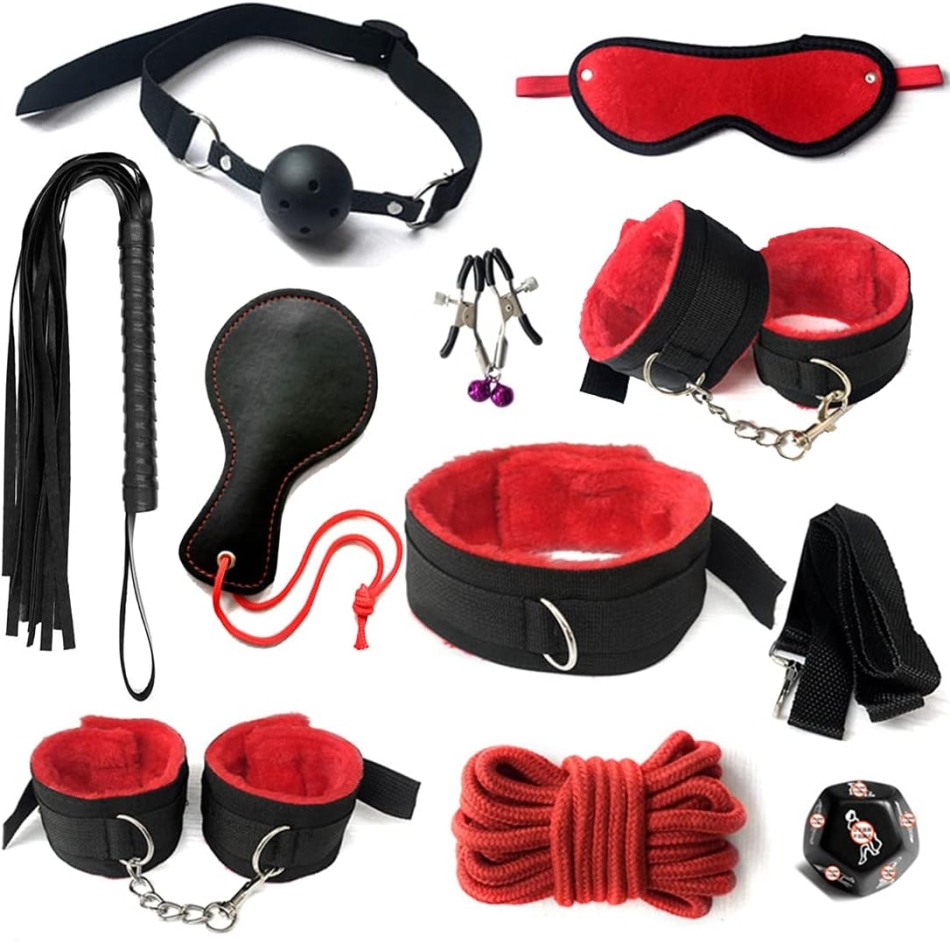 Adult Bondaged Kit Couple Sex Set Adjustable Sexy Straps Blindfold BDSM Game Women Chain Wrist Handcuff Restraints Bondaged Adult kit for Couple Items (shaiziblack/red10pcs)