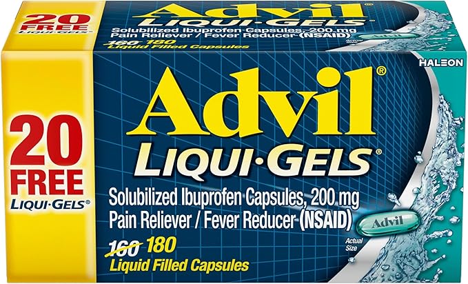 Advil Liqui-Gels Pain Reliever and Fever Reducer, Pain Medicine for Adults with Ibuprofen 200mg for Headache, Backache, Menstrual Pain and Joint Pain Relief - 180 Liquid Filled Capsules
