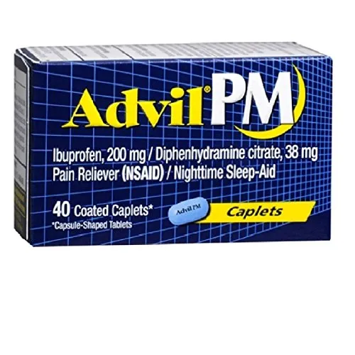 Advil PM (40 Count, Pack of 2) Pain Reliever / Nighttime Sleep Aid Coated Caplet, 200mg Ibuprofen and 38mg Diphenhydramine Citrate