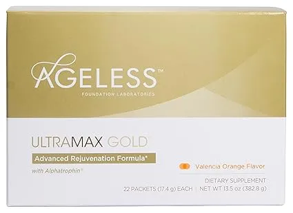 Ageless Foundation Laboratories UltraMax Gold, Advanced Rejuvenation Formula with Alphatrophin, Valencia Orange, 22 Packets, 0.61 oz (17.4 g) Each