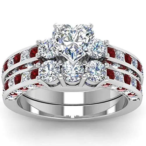 AJZYX Wedding Band for Women Anniversary Promise Ring 2Pcs Bridal Sets White Gold Plated 1.5ct Heart CZ Simulated Ruby Ring 3 Stone Size 5-12 Size 9