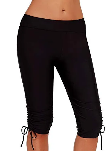 Aleumdr Women's Rash Guard Board Shorts UPF50+ Sports Capris Swim Bottom Skinny Surfing Tights with Side Drawstring Black Large 12 14
