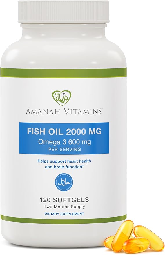AMANAH VITAMINS Omega 3 Fish Oil 2000 mg - Halal Vitamins - 120 Softgels